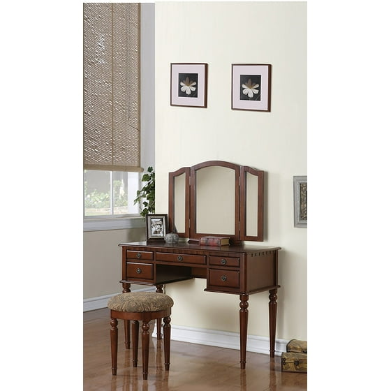 Bobkona St Croix 3 Fold Mirror Vanity Table With Stool Set In Bobkona St Croix 3 Fold Mirror Vanity Table With Stool Set In Cherry Com