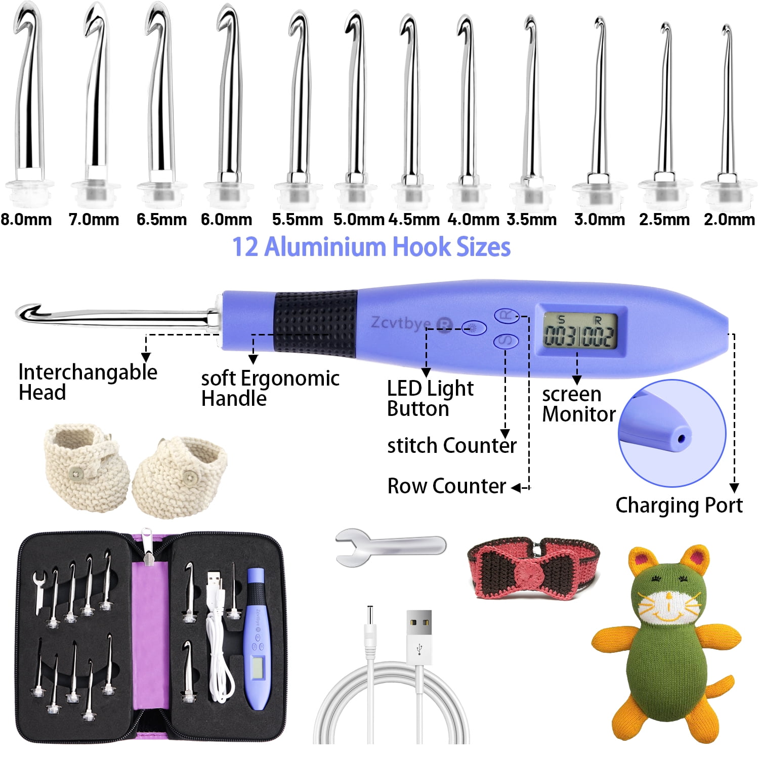 Crochet Hook Set Digital with 12 Different Size Interchangeable Crochet Needle, Ergonomic Crochet Hooks with LED Light and Digital Stitch Counter for Beginners & Experts