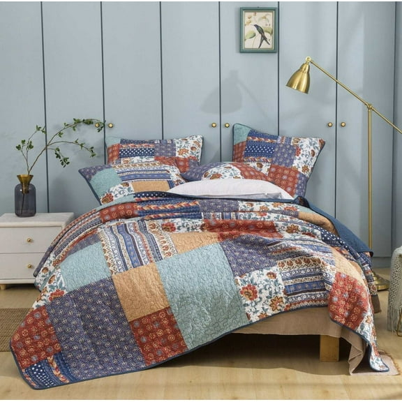 DaDa Bedding Bohemian Vibes Mediterranean Blue Floral Patchwork Quilted Bedspread Set (JHW878)