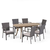 GDF Studio Beckmann Outdoor Acacia Wood and Wicker 7 Piece Dining Set with Cushions, Gray