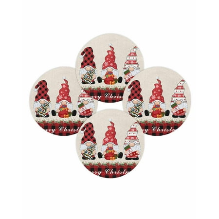Christmas Round Placemats Set of 4 Xmas Tree Gnomes Place Mats Washable Woven Placemat Holly Berry Poinsettia Plaid Circle Braided Table Mat for Kitchen Dining Table Party Home Decor 15 Inch
