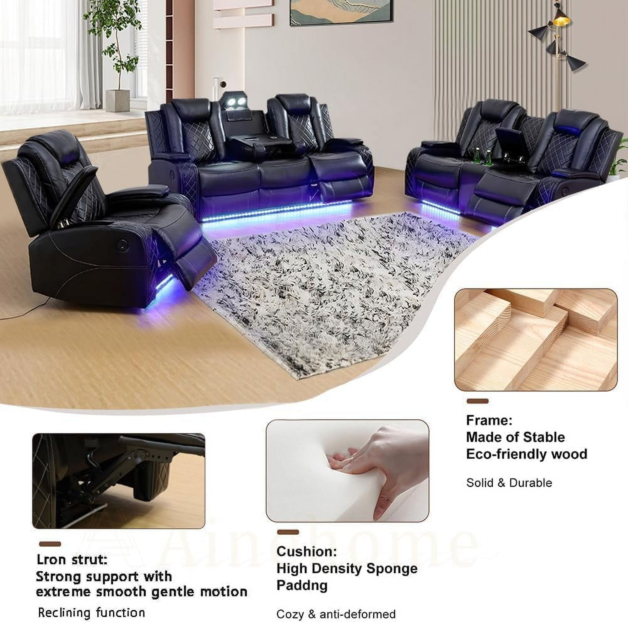 Luxurious Black Leather Sectional Sofa Set with LED Lights, Cup Holders, USB Port - Power Recliner & Storage Consoles Modern Style Comfortable Living