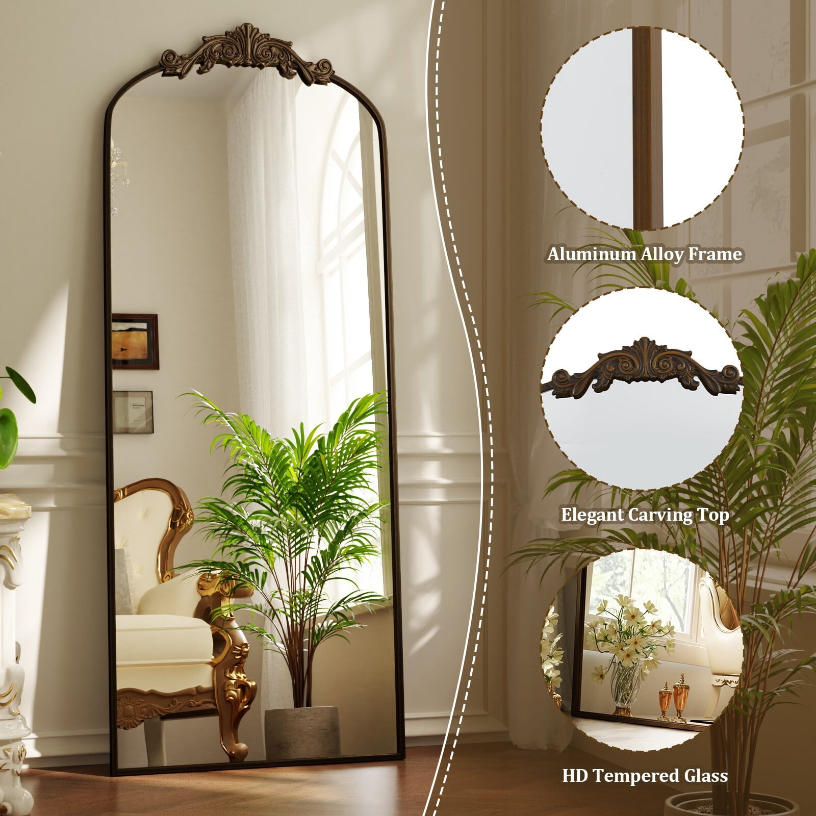 Easy4Home 73"x32" Vintage Arched Full Length Mirror Standing Floor Mirror with Baroque Style Carving Metal Frame, Antique Bronze