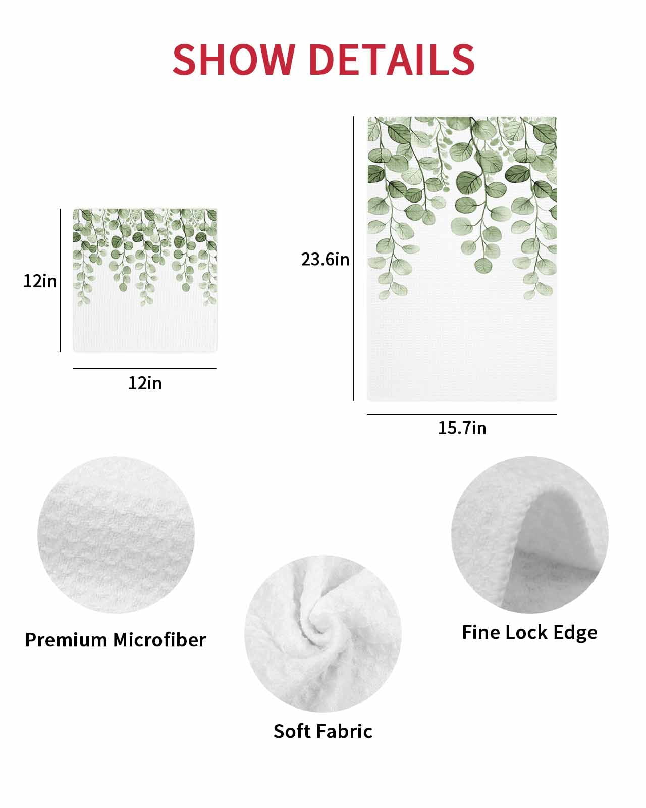 Sage Green Eucalyptus Leaves Dish Towels Set, Waffle Weave Kitchen Towels 3 Pieces, Spring Country Botanical Microfiber Hair Face Bath Tea Towel Absorbent Quick Drying Cleaning Dish Cloths 12"x12"