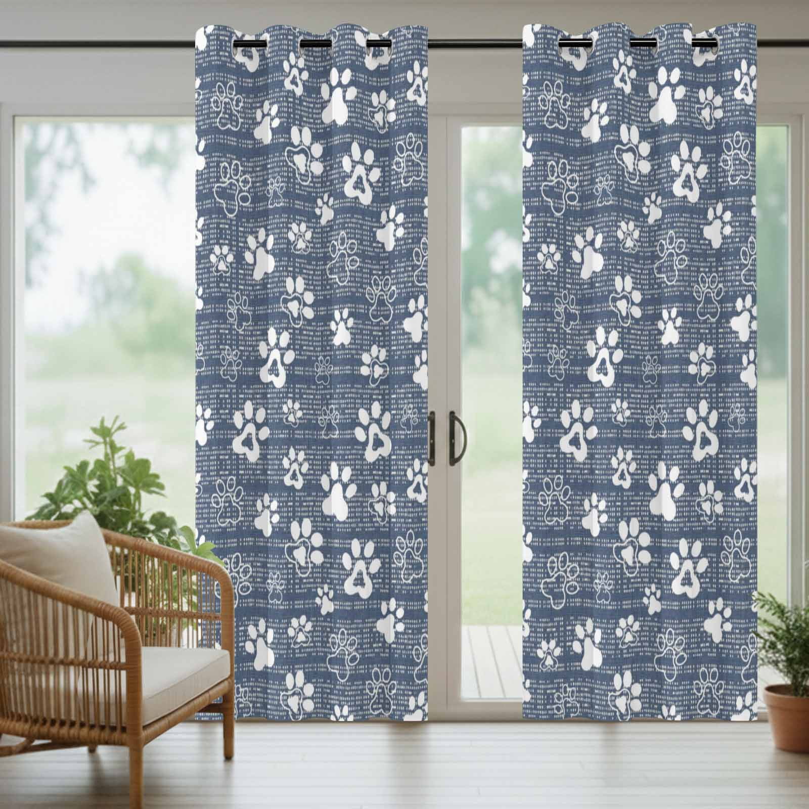 Navy Blue Paw Print Outdoor Curtains for Patio, Modern Classic Blue White Animal Large Paw Pattern Plaid Sunshade Privacy Drapes Grommet Waterproof Outside Curtains for Porch 54"x108", 1 Panel