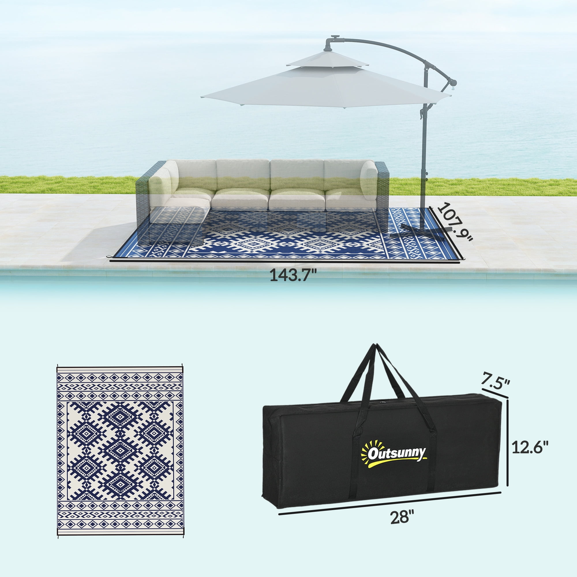 Outsunny Outdoor Patio Rug, Large Camping Carpet with Carrying Bag, 9' x 12' Waterproof Plastic Straw, Reversible, Blue & White Rhombus Border