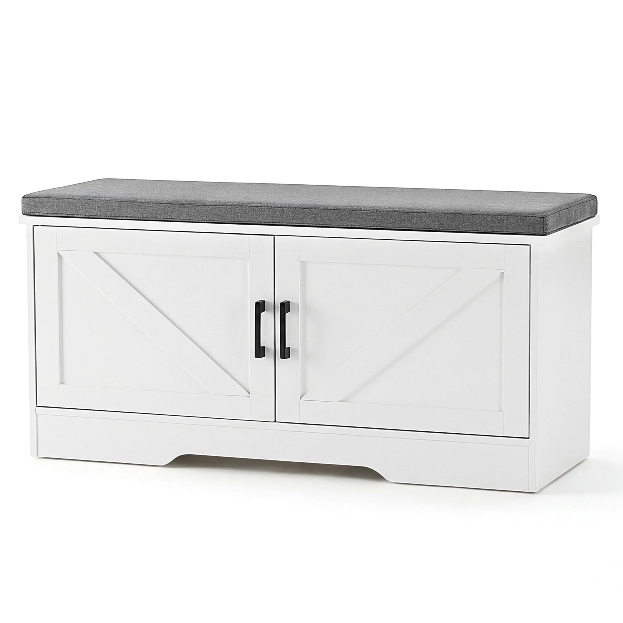 CONCETTA 39 Inch Width White Storage Bench, Padded Seat Entryway Shoe Bench Featuring 4 Barn Doors and Adjustable Storage Shelf