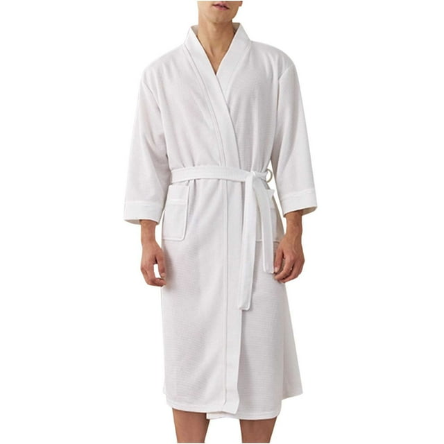 hoksml Men's Long Waffle Weave Robe Solid Color Shawl Collar Bathrobe with Belt Soft Absorbent Kimono Style Loungewear