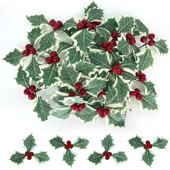 Holly Berries with Green Leaves, 30Pcs Artifical Holly Berry Flowers for Christmas Tree/Wreath Arrangement Decorations, Red/Gold Berry Christmas Picks for Crafts Gifts Wedding Party Decor