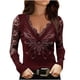 thumbnail image 1 of Mujeres Sexy Rhinestone V-Cuello Encaje Empalme Malla Manga larga Jersey Top Blusa Camiseta Pompotops  gfhjh22837, 1 of 5