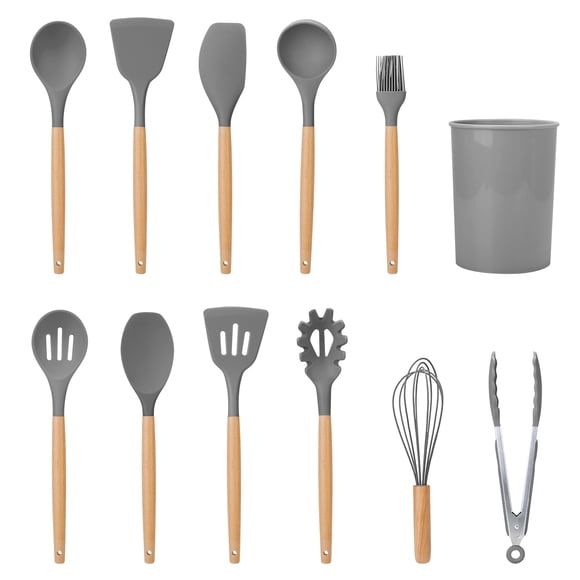 GPCT Ensemble de 11 Ustensiles de Cuisine en Silicone Résistant à la Chaleur avec Poignée en Bois et Support Gris