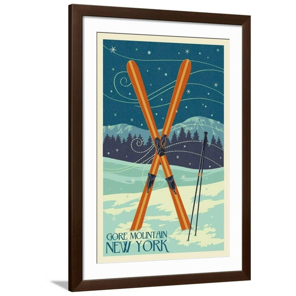 Art.com Gore Mountain, New York - Crossed Skis Art Print by Lantern Press, Brown Frame Wall Art, 32" x 44"