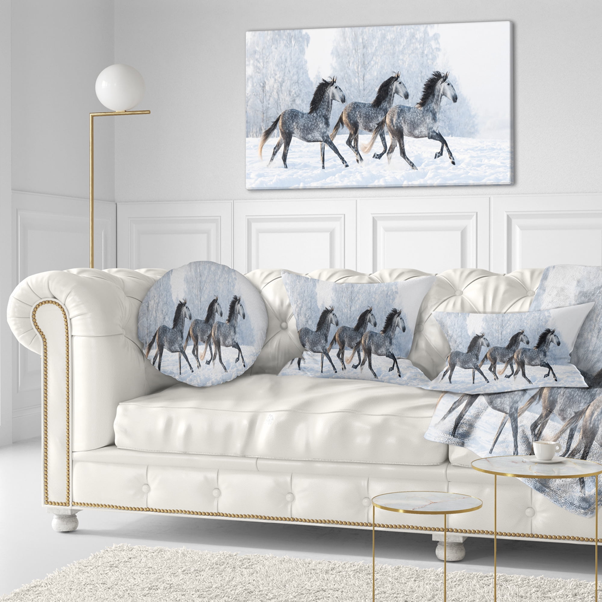 Designart Herd of Horses Run Across Snow - Landscape Printed Throw Pillow - 12x20