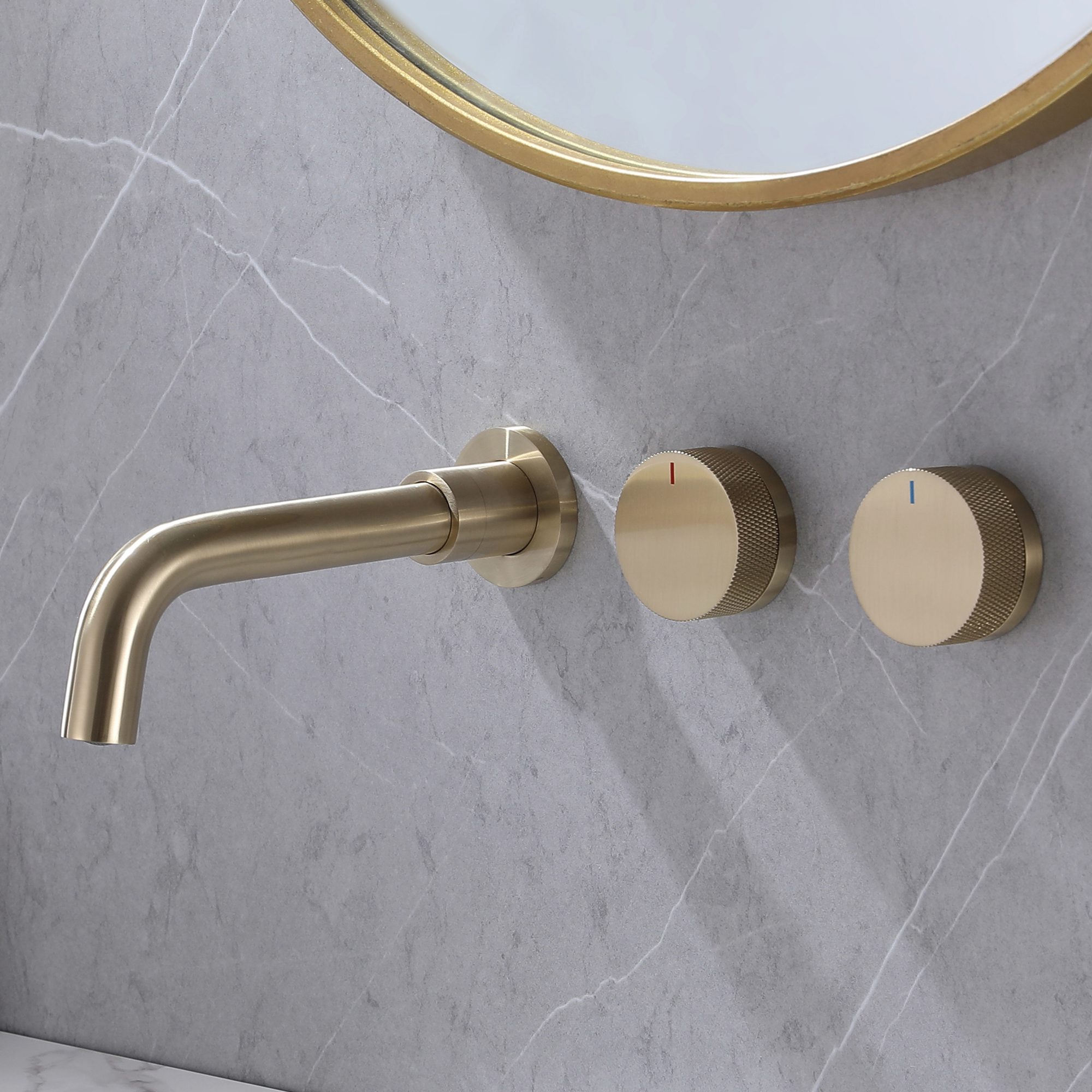 Wall Mounted Three Hole Bathroom Sink Faucet, Double Knob Handles Basin Faucet