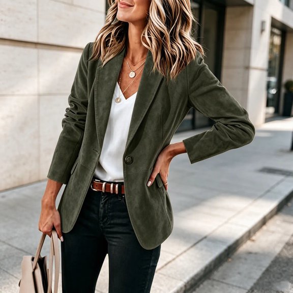 IUYRTFE Women's Suede Look Blazer Lapel Collar Button Front Lined Jacket with Padded Shoulders