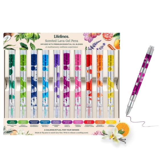 Lifelines Scented Lava Gel Pen Set, 10-Pack - 0.5mm Colored Gel Pens Infused with Scented Essential Oil Blends & Mesmerizing Lava
