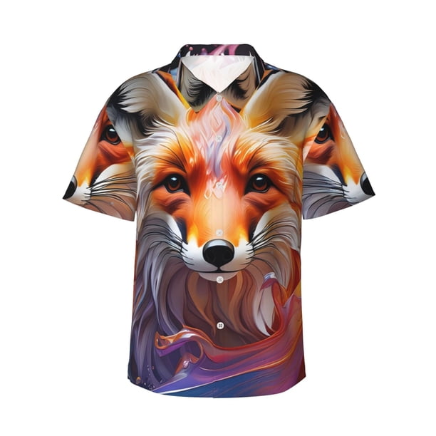 Fotbe Color Splash Fox Portrait Camisa Hawaiana para Hombre Unisex – Camisa Casual de Verano con Botones de Manga Corta de Algodón y Lino,XX-Large