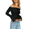 thumbnail image 5 of Womens Off Shoulder Ribbed Knit Crop Sweaters Long Sleeve Slim Pullover Jumper Tops, 5 of 6