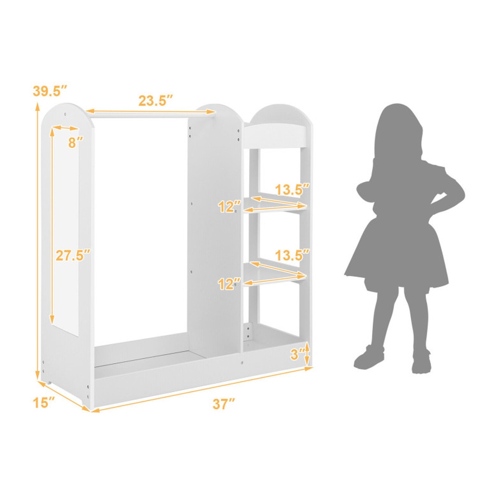 Furnibear Kids Dress Up Storage with Mirror, Costume Wardrobe Closet Organizer with Hanging Rod and Open Shelves for Kids Bedroom Playroom, White