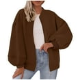 thumbnail image 2 of Sweatshirts Under $10, Women's Solid Color Double Pocket Long Sleeved Zipper Hoodless Stand-Up Collar Casual Outwear, Brown S, 2 of 6