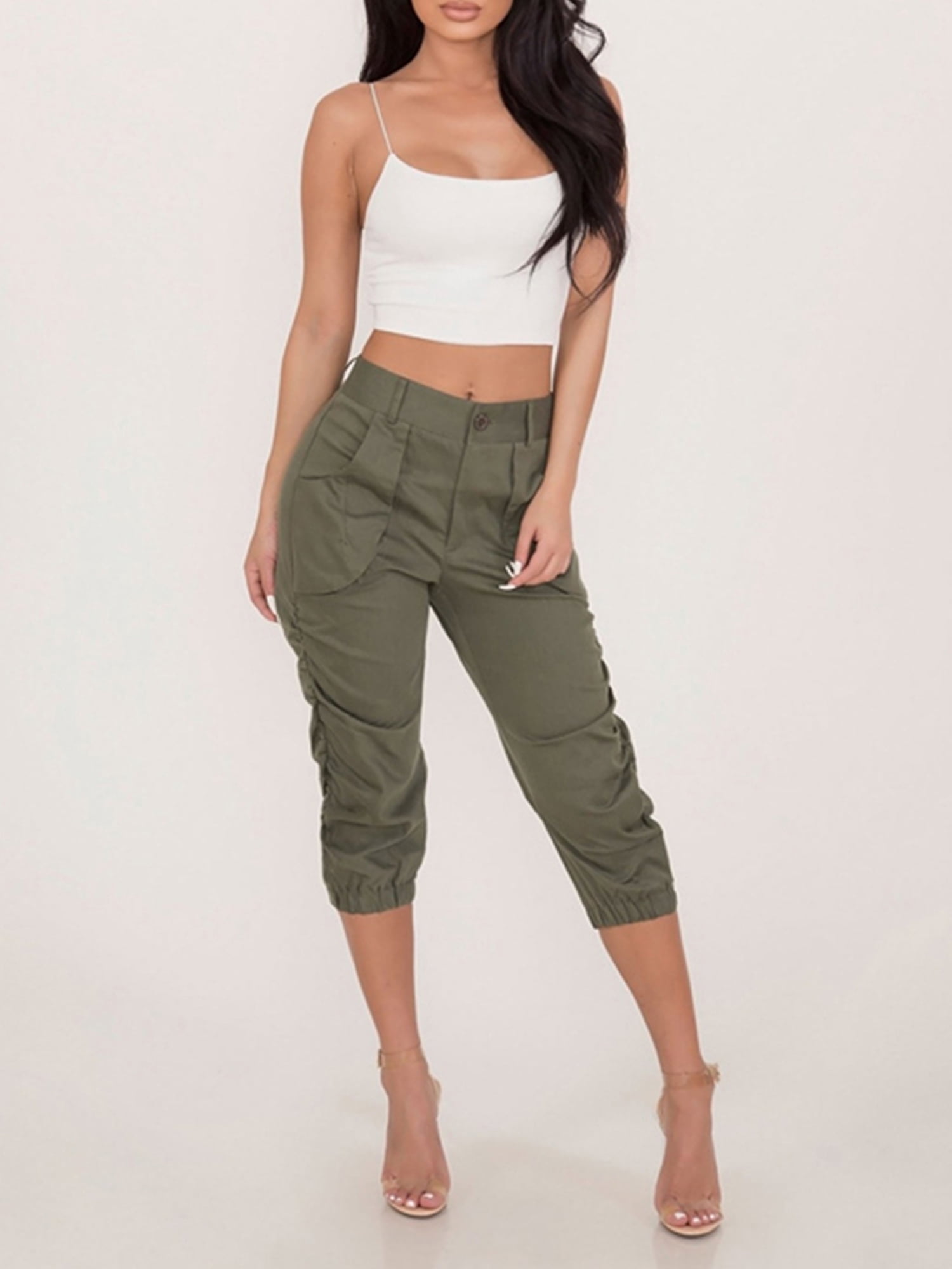Hip Hop Women's Casual Draped Pants High Waist Pockets 3/4 Cargo Jogger  Slim Military Trousers - Walmart.com