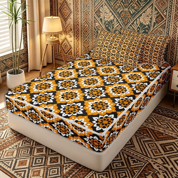 Erosebridal Warm Boho Floral Gingham Zipper Twin Comforter Sets with Fitted Sheet and 2 Pillowcases,Buffalo Check Trim Zipper Bedding Set,Amber Black White,4-Piece,Black Reversible