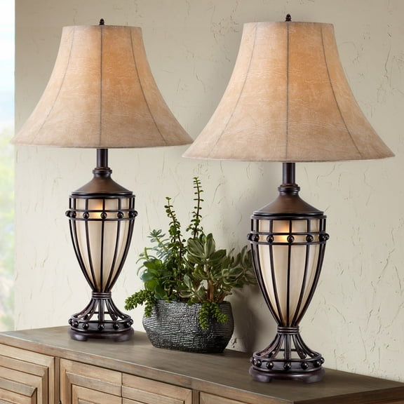 Franklin Iron Works Traditional Table Lamps 33" Tall Set of 2 with Nightlight Brushed Iron Urn Beige Fabric Shade for Living Room Bedroom