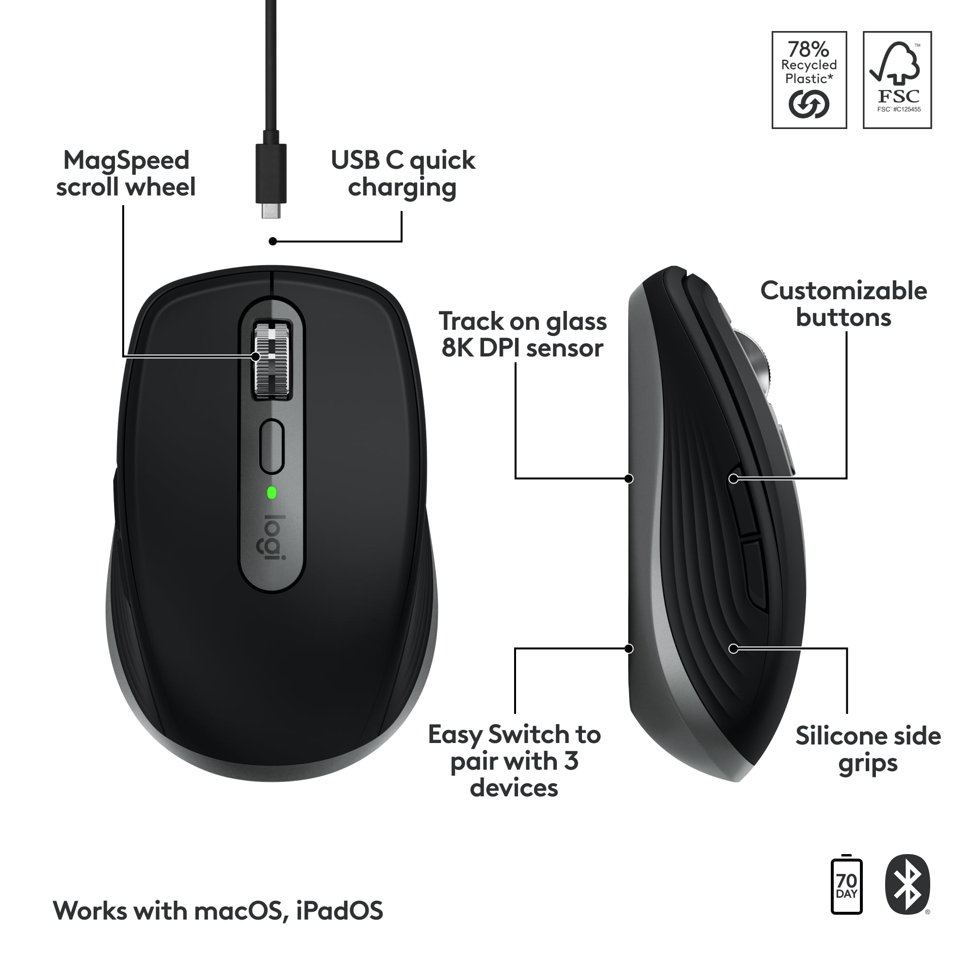 Logitech MX Anywhere 3S for Mac, Compact Wireless Bluetooth Mouse, 8K DPI Any-Surface Tracking, Quiet Clicks, USB C, Wireless Mouse for MacBook Pro, Macbook Air, iMac, iPad, Space Gray
