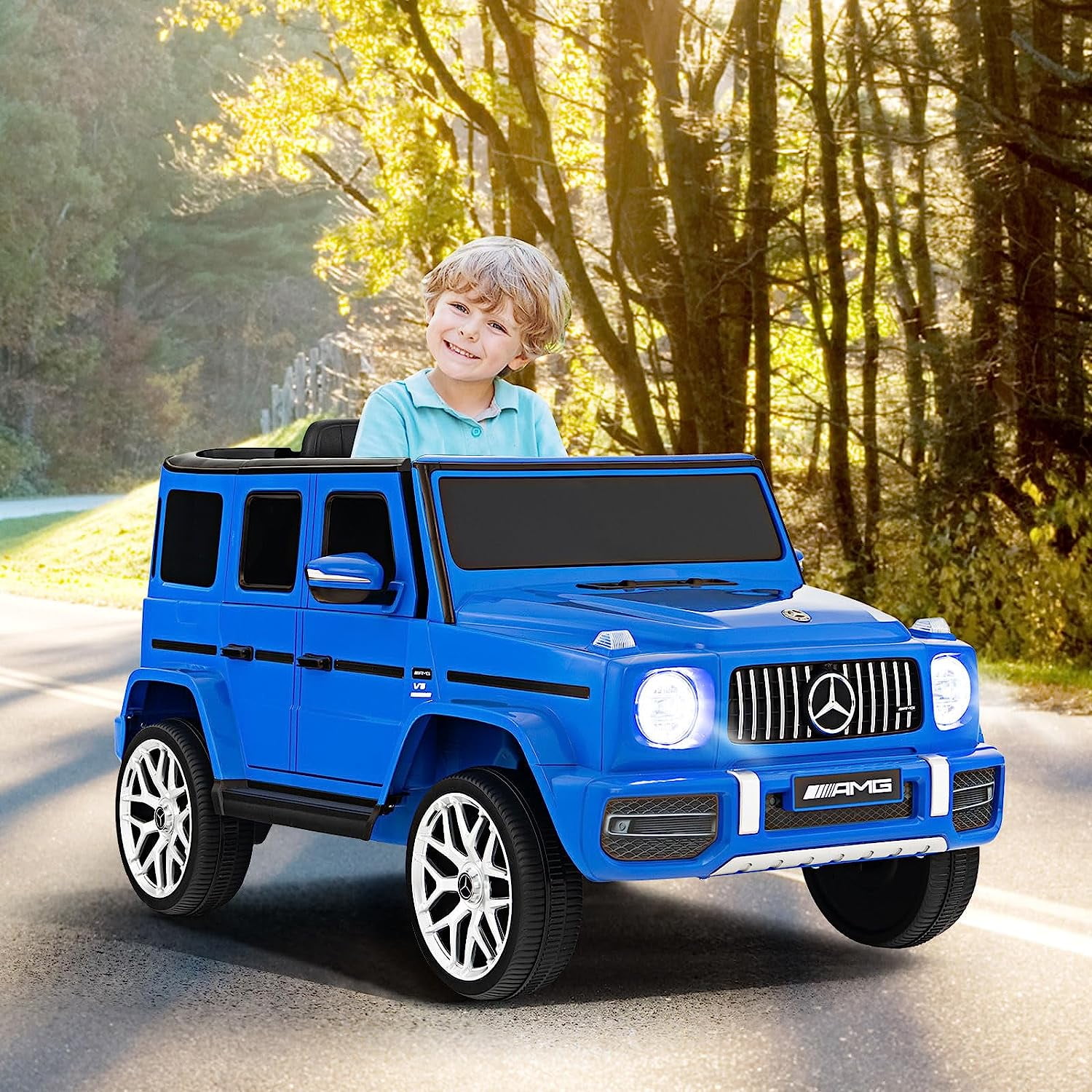 OLAKIDS 12V Kids Ride On Car, Licensed Mercedes Benz G63 Electric Vehicle with Remote Control, Double Open Doors, Music, Bluetooth, 2 Speeds, Wheels Suspension, Battery Powered Driving Toy (Navy)
