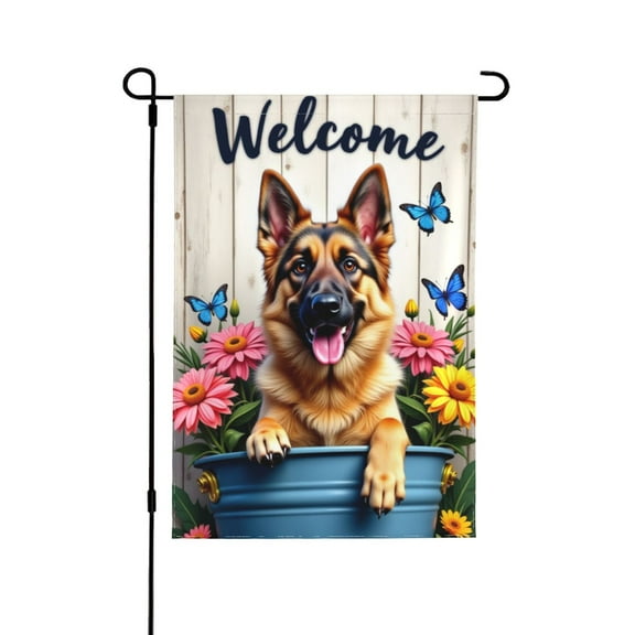 Welcome Spring German Shepherd Dog Garden Flag 12x18 Inch Double Sided Outdoor Yard Flag Flowers Butterflies Dog Garden Decor