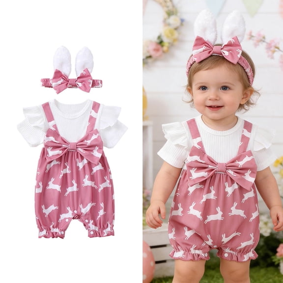 Easter Outfit for Baby Girl Short Sleeve Cute Print Bodysuit and Headband Set Girls Summer Clothes Baby Girl Outfits 9-12 Months