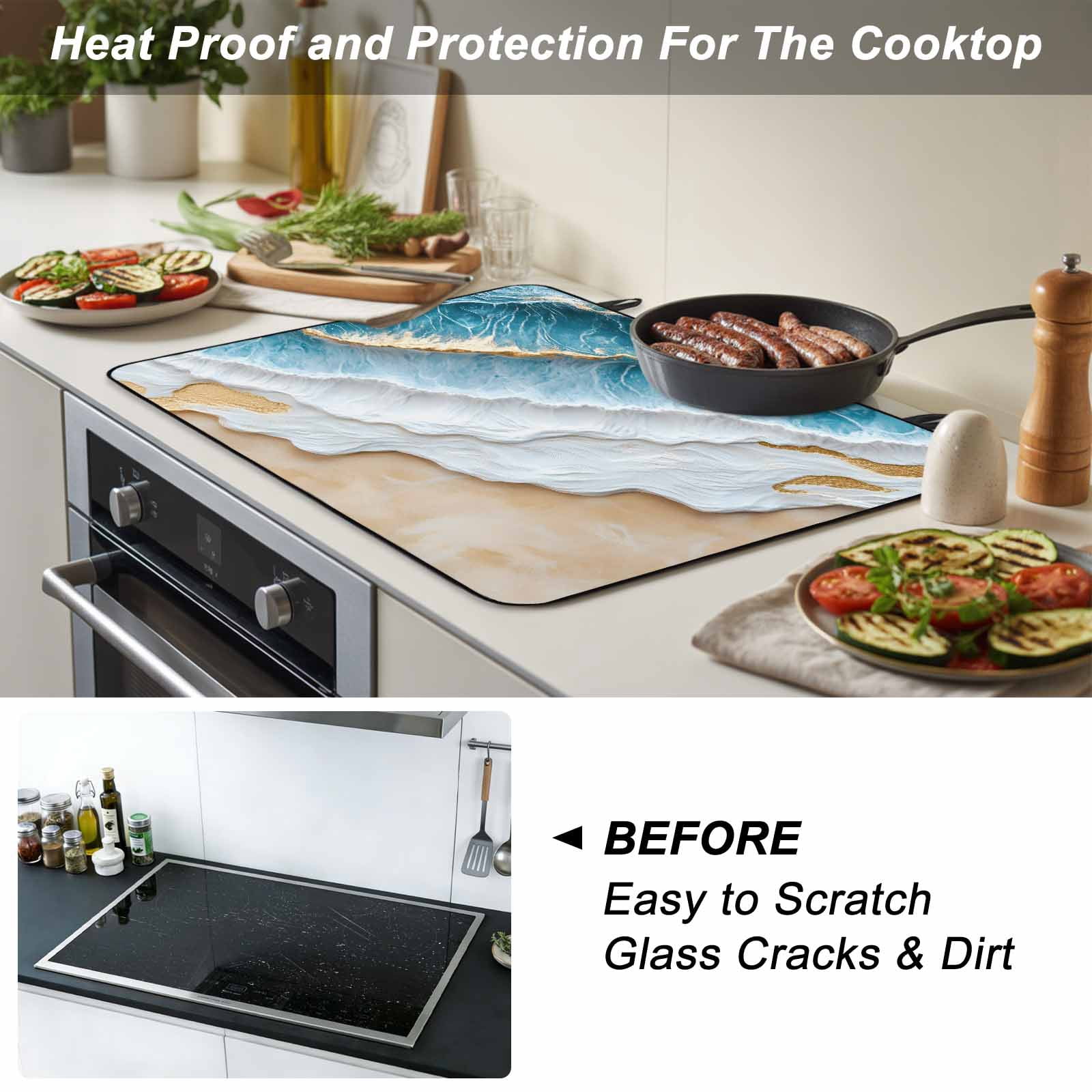 Coastal Beach Stove Top Cover for Electric Stove, Heat-proof & Non Slip Glass Top Stove Cover Protector, Nautical Ocean Blue Beige Seaside Kitchen Flat Cooktop Rubber Mat 24x21 Inches