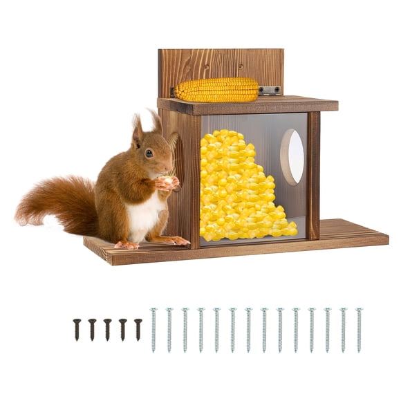 Wooden Squirrel Feeder, Squirrel Feeders for Outside Chipmunk Feeder Removable Front Panel with 2 holes