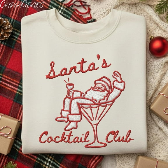 EMBROIDERED Retro Santa with Martini Glass Shirt, Christmas Social Club Embroidered Sweatshirt, Great for Cocktail Napkins Sweatshirt
