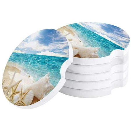 

FMSHPON Ocean Theme Tropical Beach Sunshine Seashell Starfish Set of 2 Car Coaster for Drinks Absorbent Ceramic Stone Coasters Cup Mat with Cork Base for Home Kitchen Room Coffee Table Bar Decor