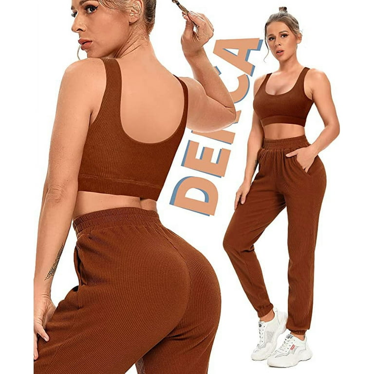 Two Piece Workout Outfits for Women Jogger Sweatpants Sets with Pockets  Ribbed Sports Bra Gym Activewear (Brown,X-Large)
