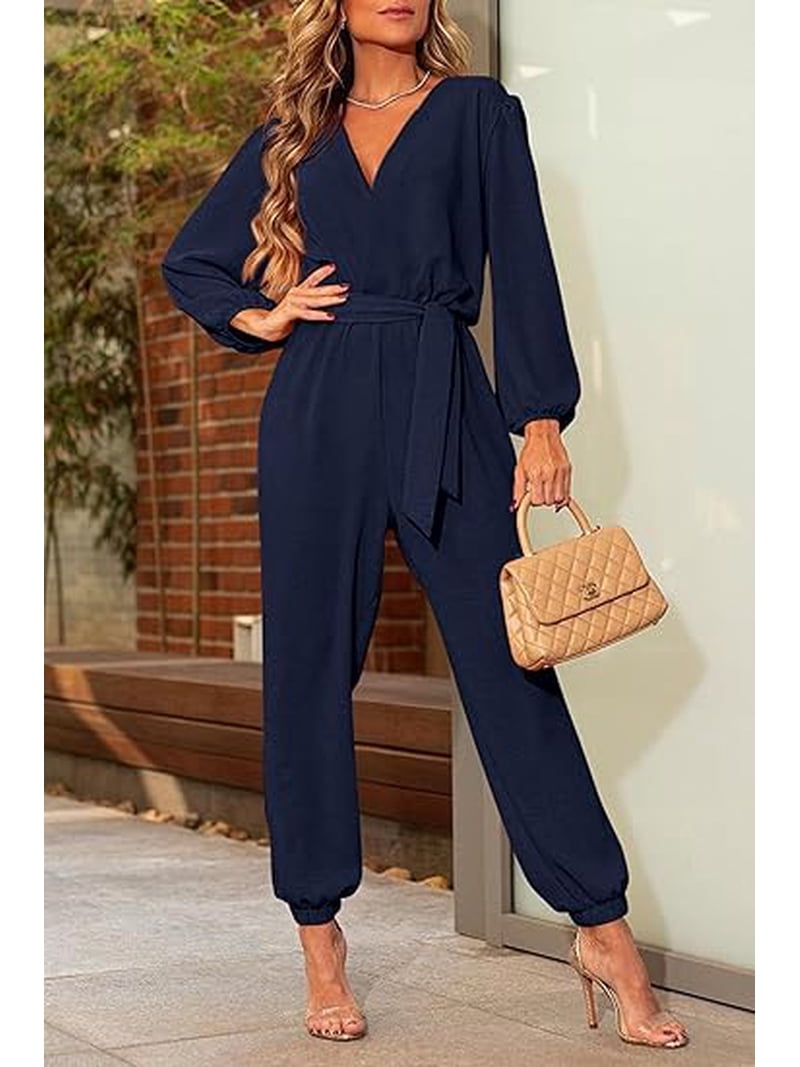 Dowerme Women's Long Sleeve Jumpsuit - Scoop Neck Loose Fit Knit Overalls With Drawstring Waist & Pockets, Solid Colors
