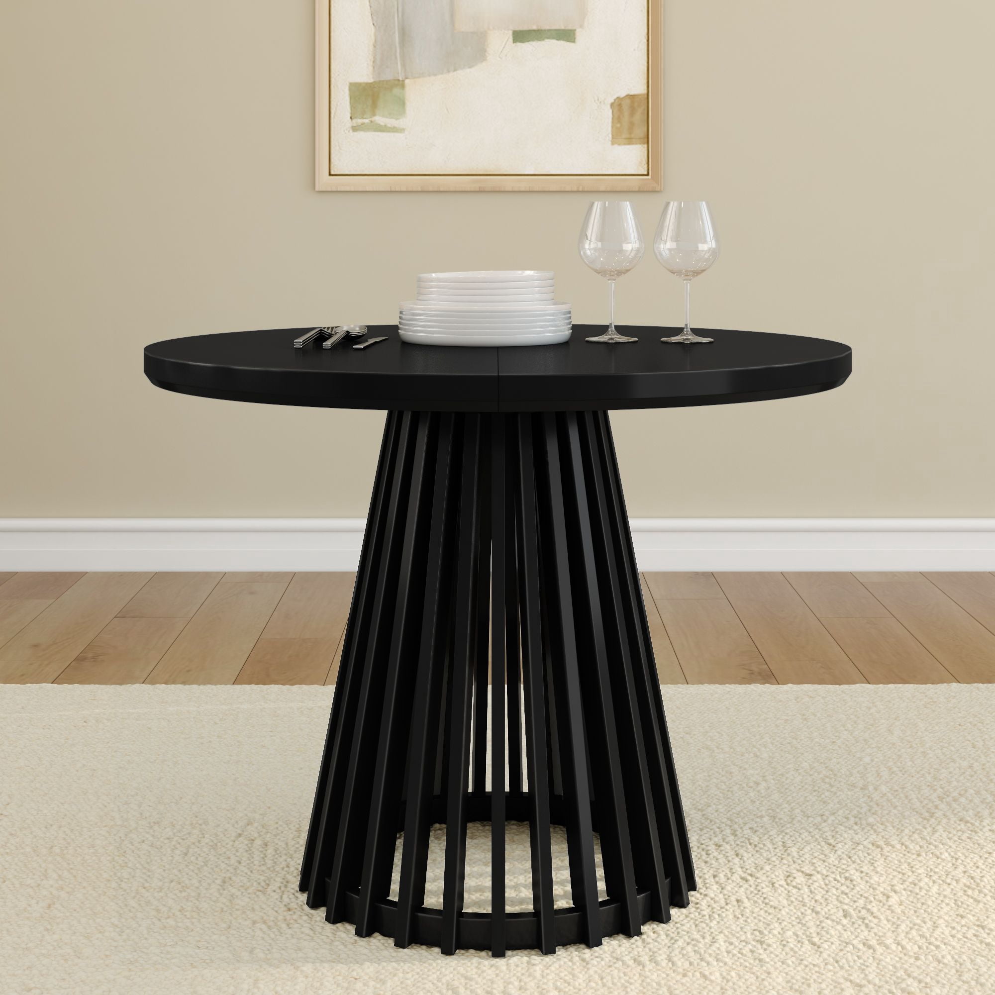 Plank+Beam 38" Lido Round Dining Table, Solid Wood Minimalist Kitchen Table for 4, Black
