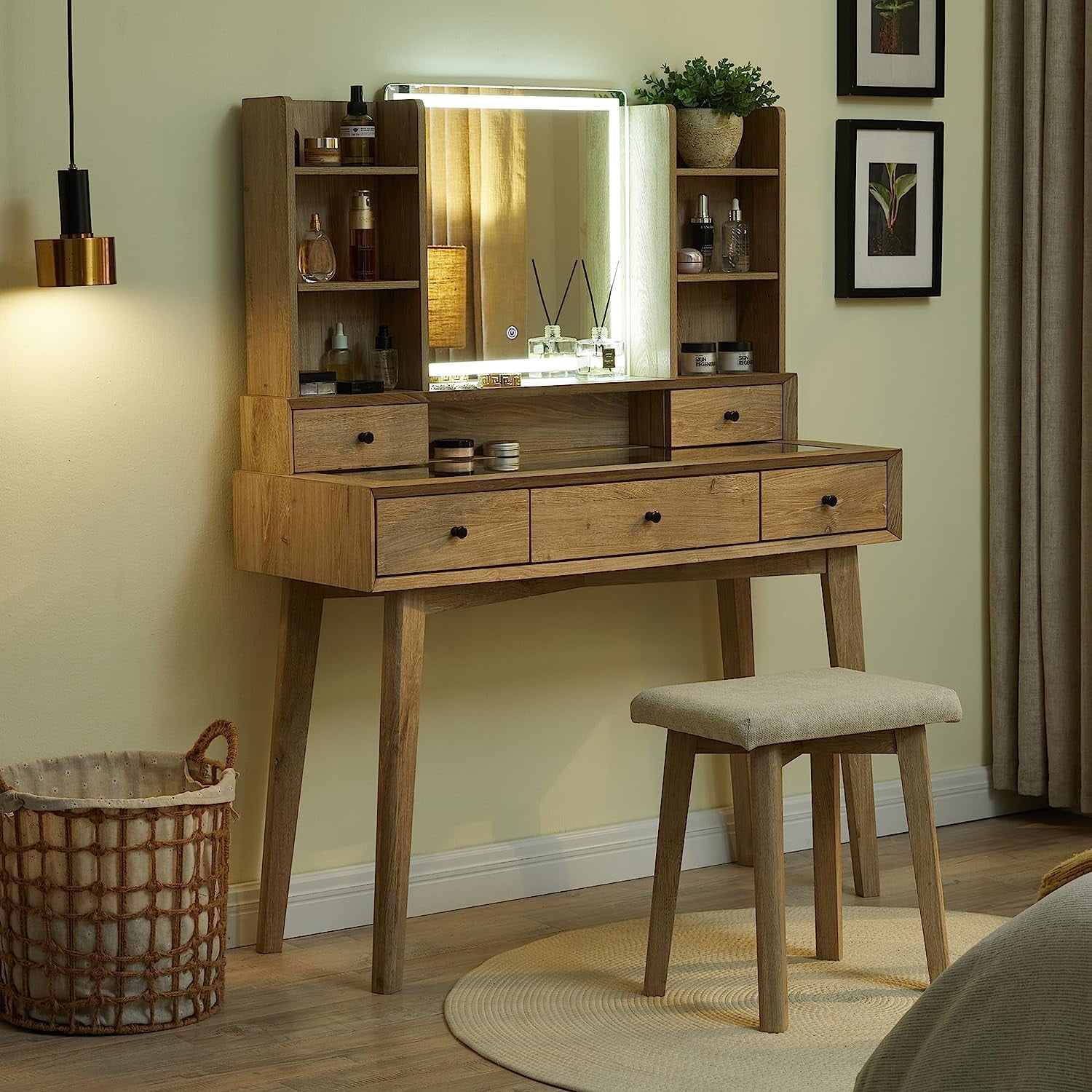 OKD Vanity Desk with Lighted Mirror, Makeup Vanity Table with 5 Drawers