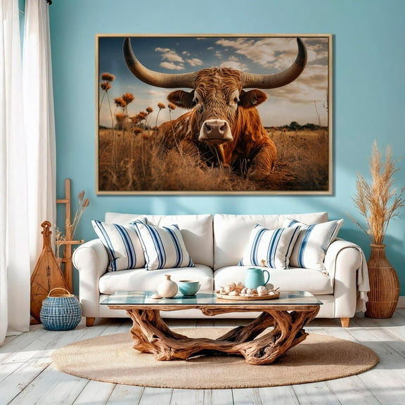 Texas Longhorn Brown Cow Wall Art Big Horns Cattle Wall Art Decor Rustic Animal Poster Farmhouse Kitchen Wall Decor, Unframed Canvas Size 8x12