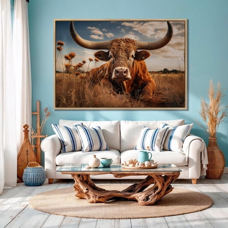 Texas Longhorn Brown Cow Wall Art Big Horns Cattle Wall Art Decor Rustic Animal Poster Farmhouse Kitchen Wall Decor, Unframed Canvas Size 8x12