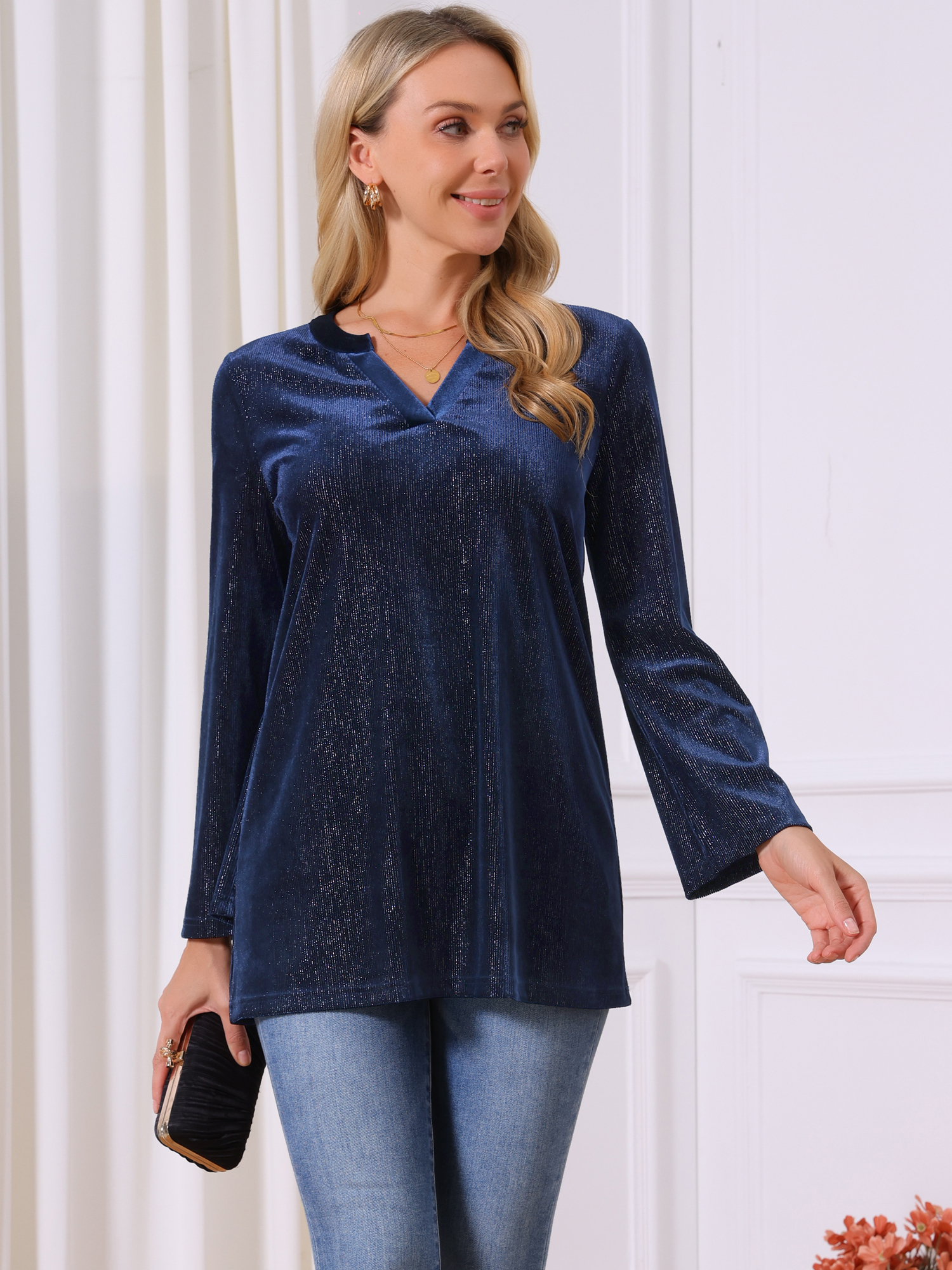 DARING DIVA Women's Velvet V Neck Long Sleeve Metallic Blouse S Dark Blue