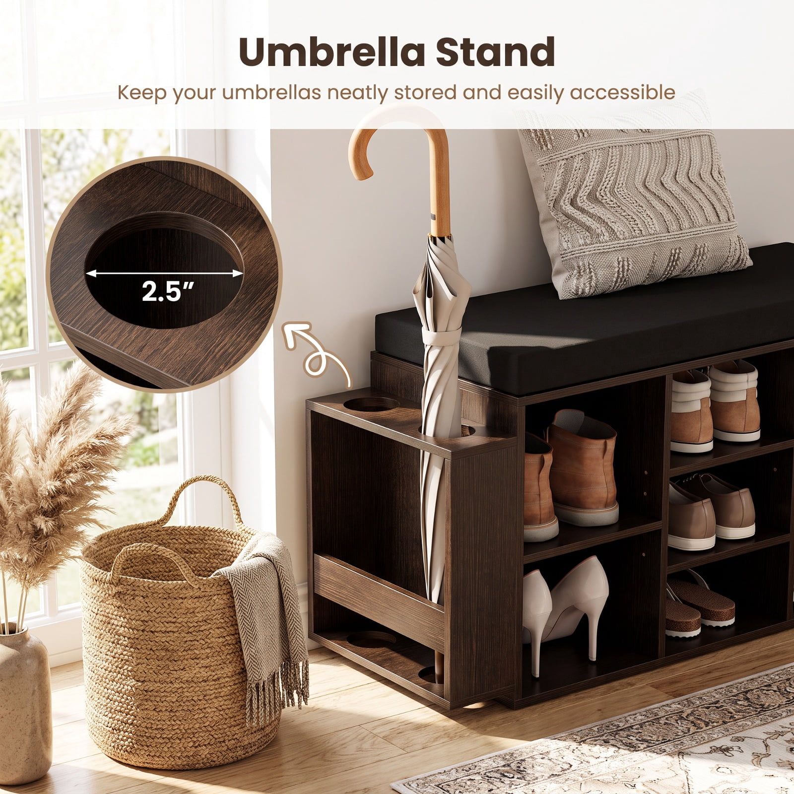 Furnibear Shoe Storage Bench with Umbrella Stand and 10 Cubby Entryway Shoe Rack Organizer with Padded Seat for Hallway Closet, Black