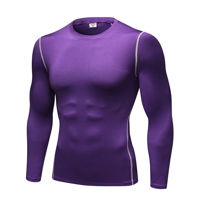 TOPTIE Men's Long Sleeve Compression Shirt, Athletic Workout Base Layer-Purple-S