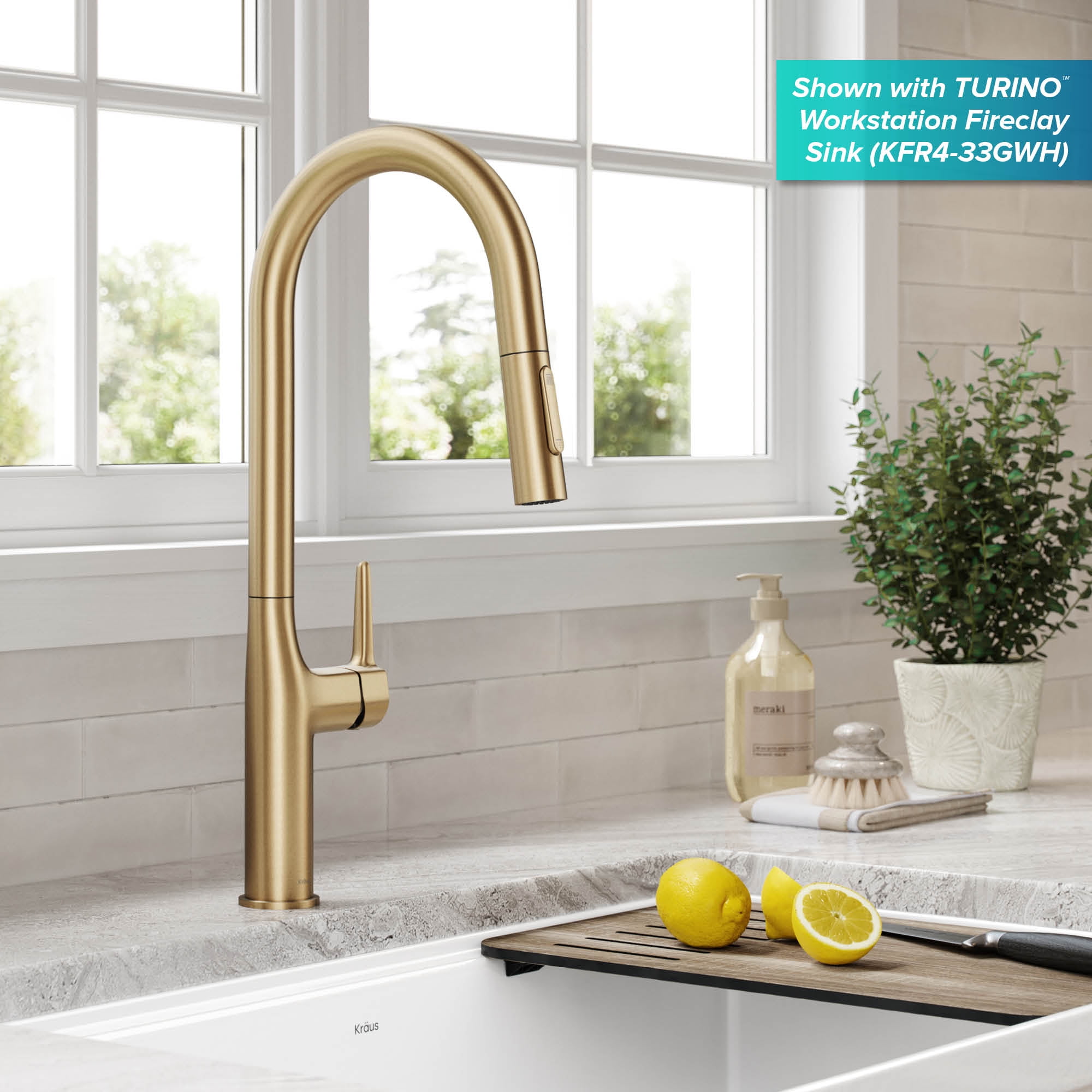 Kraus Oletto Tall Modern Pull-Down Single Handle Kitchen Faucet in Brushed Gold