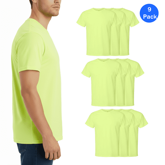 Hanes Men’s Short Sleeve T-Shirt, High Vis Durable Cotton/Poly, Bulk Work Shirt, Safety Green, 9 Pack, Sizes S-5XL
