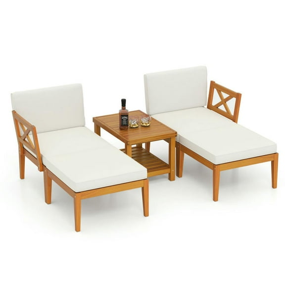 Aimee Lii 5 Pieces Acacia Wood Patio Chaise Lounge Chair Set with Ottoman and Cushions, Outdoor Patio Furniture for Pool Deck Backyard, Sturdy-White