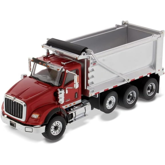 1:50 International HX620 Tandem with Pusher Axle - Open Hood - Cummins Engine - Open Doors & Interior   Ox Bodies Stampede Dump Cab - Red   Dump - Diecast Masters 71076 Transport Series