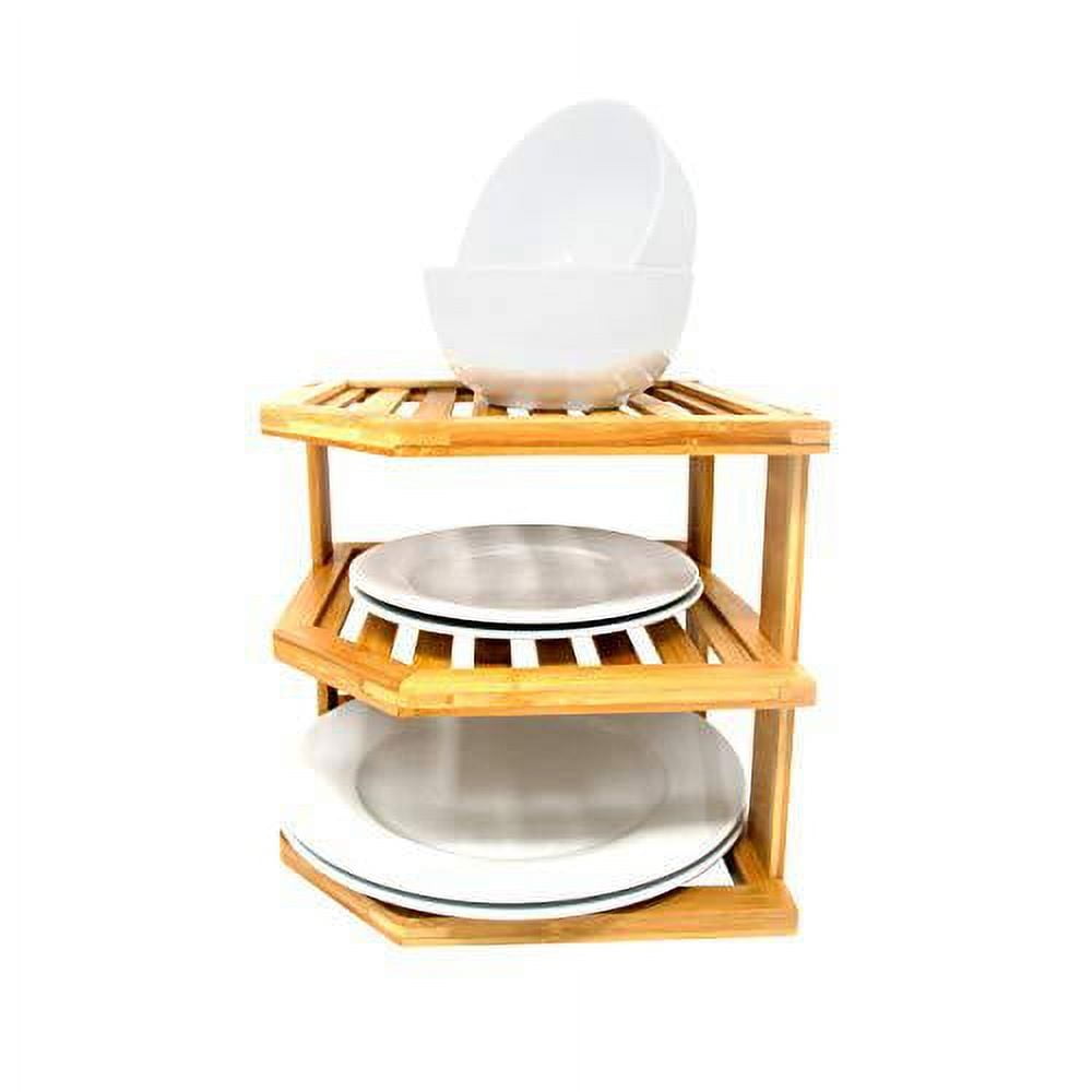 Bamboo 3 Tier Kitchen Counter Corner Shelf Plate Rack