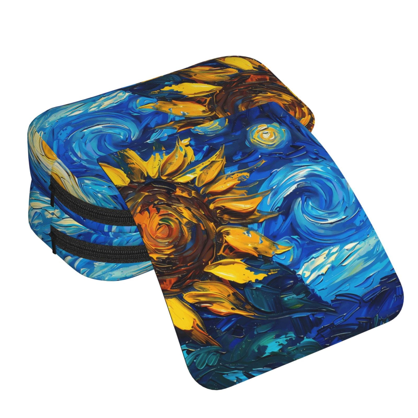 Rateoe Sunflower Starry Night Vibes Pattern Double Clamshell Pen Case, Storage Organizer with Two Zipper Compartments– Holds Up to 50 Pencils & Pens